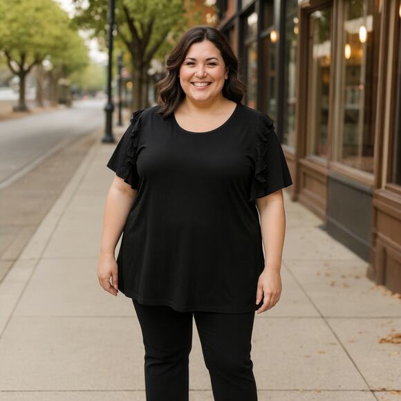 Chico's Top NWT Women's Size 4 (2x) Black Georgette Scoop Neck Ruffle Sleeve - Picture 1 of 7